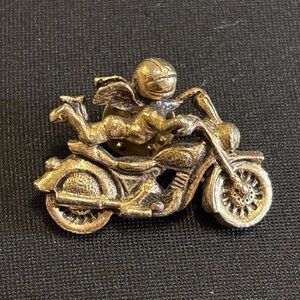 Vintage Camco Winged Biker Angel on Motorcycle Lapel Hat Tie Pin 90s Brass 1.25"